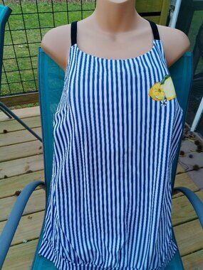 SWIM TOP BLUE STRIPE WITH LEMON CACIQUE SIZE 18 NEW WITHOUT TAGS